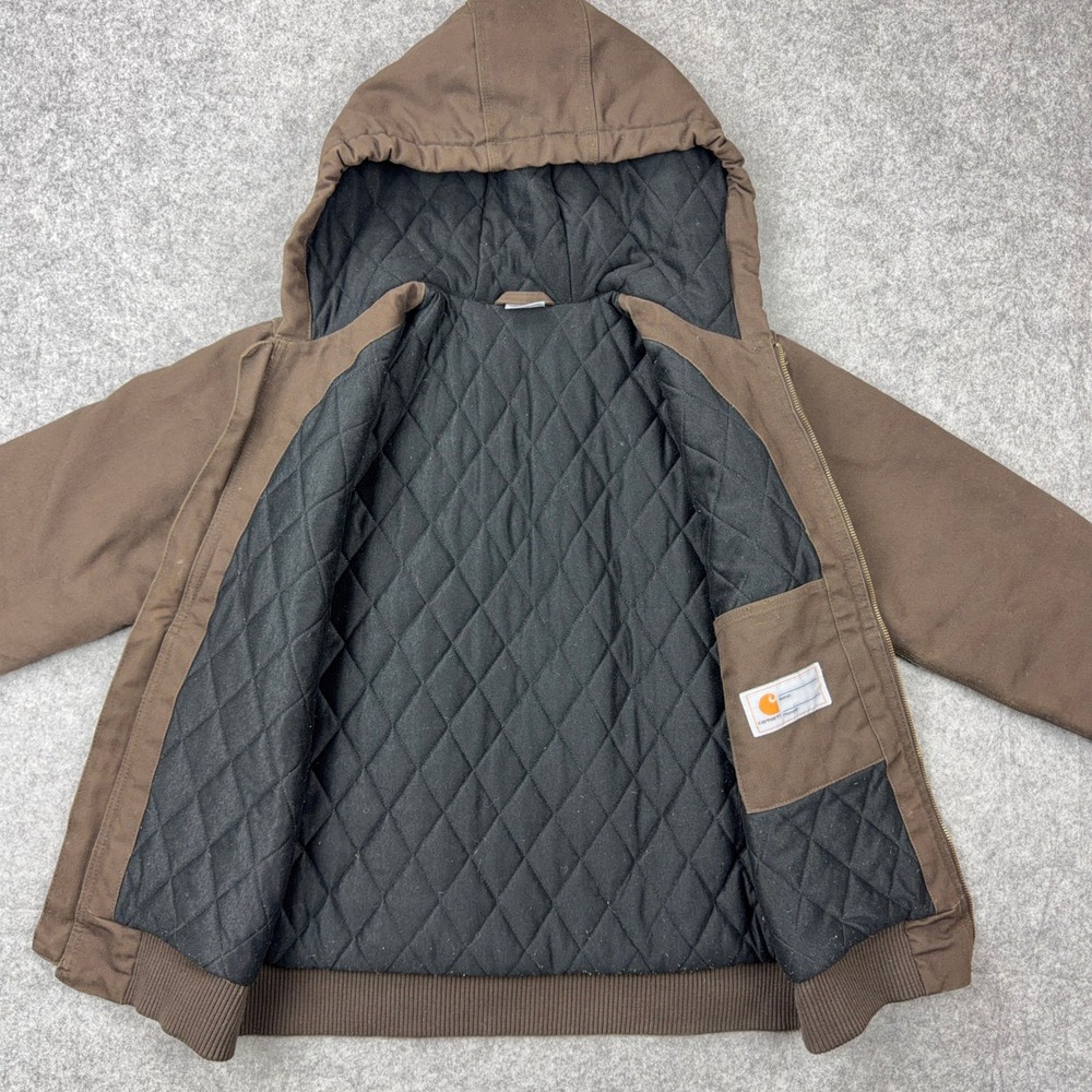 Carhartt Active Jacket Kids Large Brown Quilted Lined Canvas Hooded Work Coat - Picture 6 of 11